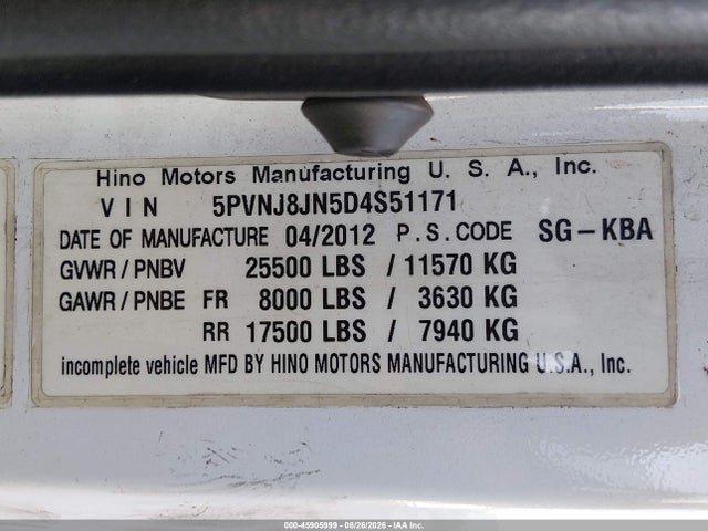 Продажа на аукционе авто 2013 Hino 258/268, vin: 5PVNJ8JN5D4S51171, номер лота: 45905999