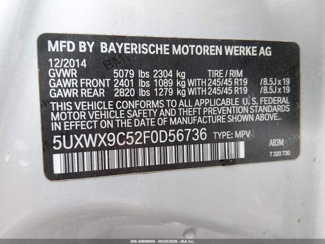 Продажа на аукционе авто 2015 Bmw X3 Xdrive28i, vin: 5UXWX9C52F0D56736, номер лота: 45906000