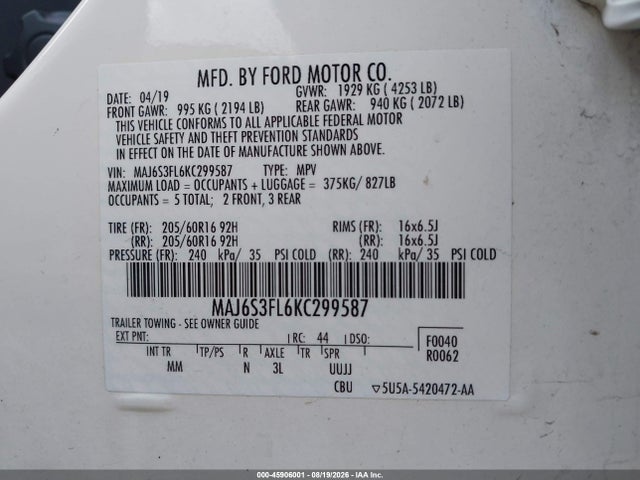 Продажа на аукционе авто 2019 Ford Ecosport S, vin: MAJ6S3FL6KC299587, номер лота: 45906001