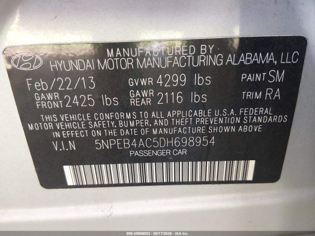 Aukcja sprzedaży 2013 Hyundai Sonata Gls, vin: 5NPEB4AC5DH698954, numer aukcji: 45906002