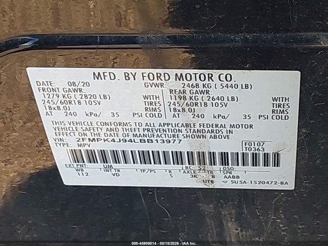 Продажа на аукционе авто 2020 Ford Edge Sel, vin: 2FMPK4J94LBB13977, номер лота: 45906014
