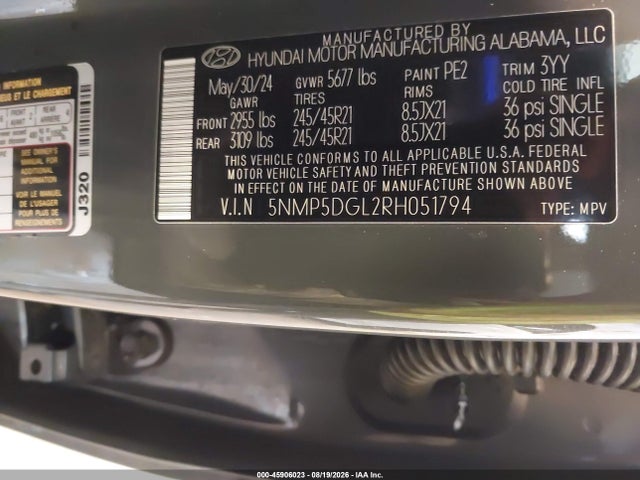 Aukcja sprzedaży 2024 Hyundai Santa Fe Calligraphy, vin: 5NMP5DGL2RH051794, numer aukcji: 45906023