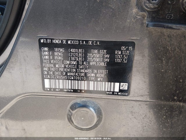 45906042 :رقم المزاد ، 3CZRU5H51GM709210 vin ، 2016 Honda Hr-v Ex مزاد بيع