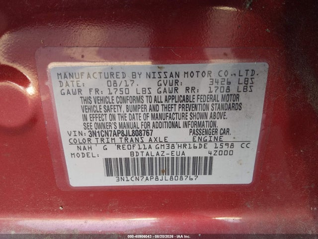 Aukcja sprzedaży 2018 Nissan Versa 1.6 S+, vin: 3N1CN7AP8JL808767, numer aukcji: 45906043
