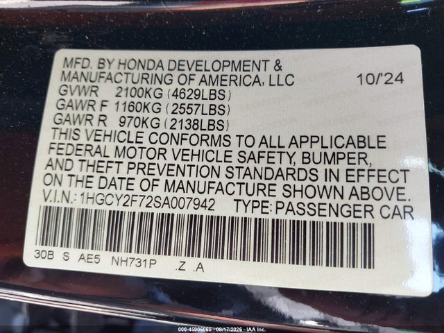 45906065 :رقم المزاد ، 1HGCY2F72SA007942 vin ، 2025 Honda Accord Hybrid Sport-l مزاد بيع