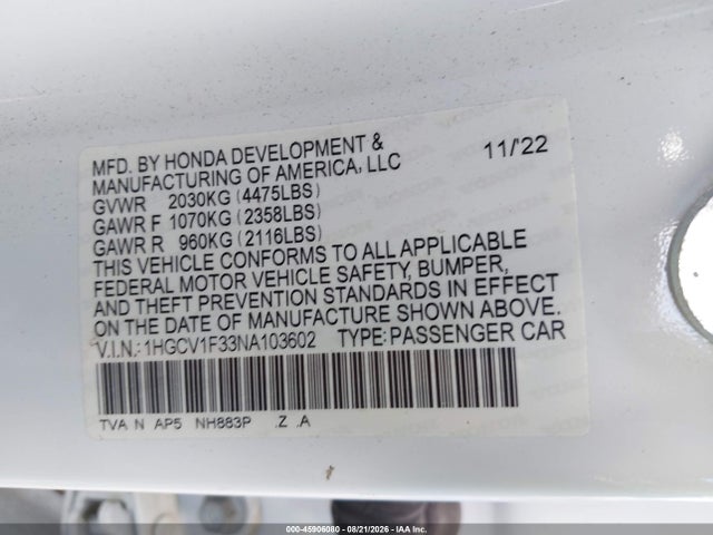 2022 Honda Accord Sport მანქანა იყიდება აუქციონზე, vin: 1HGCV1F33NA103602, აუქციონის ნომერი: 45906080