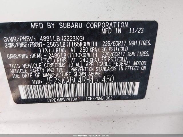 Aukcja sprzedaży 2024 Subaru Forester, vin: JF2SKABC4RH451450, numer aukcji: 45906087