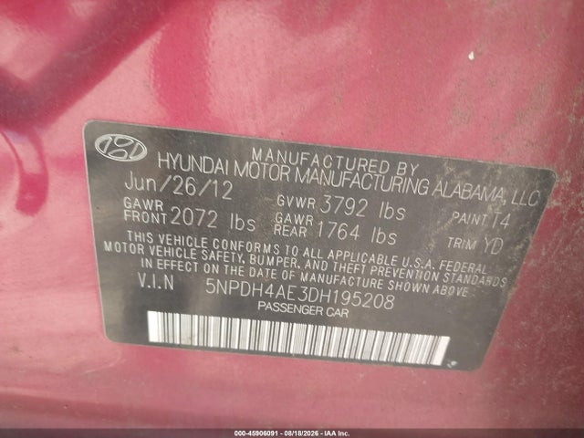 2013 Hyundai Elantra Gls მანქანა იყიდება აუქციონზე, vin: 5NPDH4AE3DH195208, აუქციონის ნომერი: 45906091