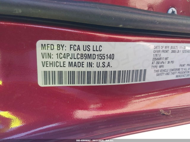 45906092 :رقم المزاد ، 1C4PJLCB9MD155140 vin ، 2021 Jeep Cherokee Latitude Fwd مزاد بيع