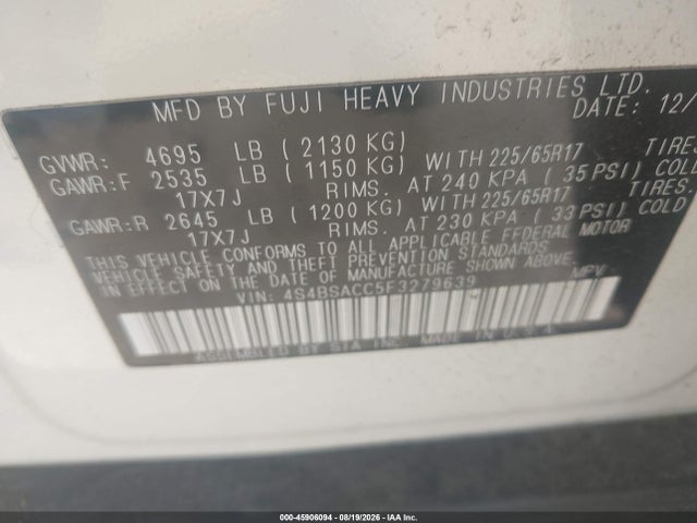 Aukcja sprzedaży 2015 Subaru Outback 2.5i Premium, vin: 4S4BSACC5F3279639, numer aukcji: 45906094