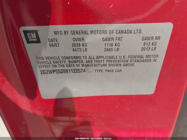 Aukcja sprzedaży 2008 Pontiac Grand Prix, vin: 2G2WP552881122574, numer aukcji: 45906103