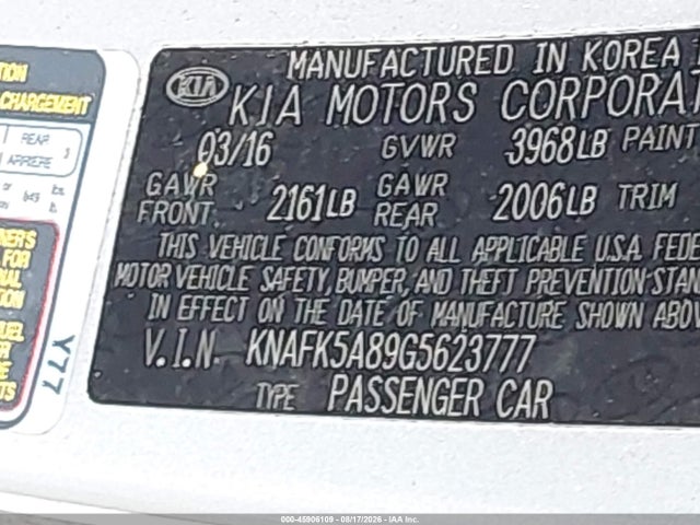 Aukcja sprzedaży 2016 Kia Forte Lx, vin: KNAFK5A89G5623777, numer aukcji: 45906109
