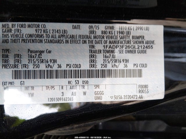 Продажа на аукционе авто 2016 Ford Focus Se, vin: 1FADP3F26GL212455, номер лота: 45906118