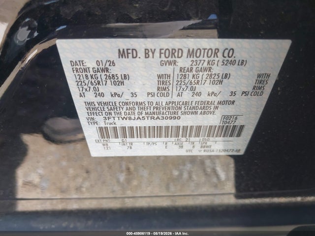 45906119 :رقم المزاد ، 3FTTW8JA5TRA30990 vin ، 2026 Ford Maverick Xlt مزاد بيع
