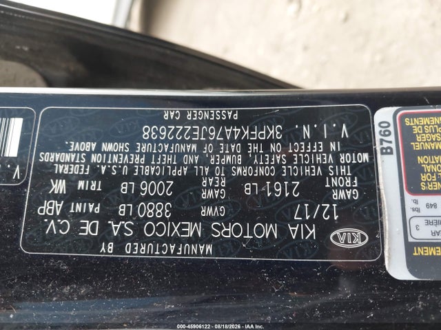45906122 :رقم المزاد ، 3KPFK4A76JE222638 vin ، 2018 Kia Forte Lx مزاد بيع