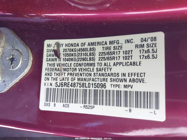 Продажа на аукционе авто 2008 Honda Cr-v Ex-l, vin: 5J6RE48758L015096, номер лота: 45906129