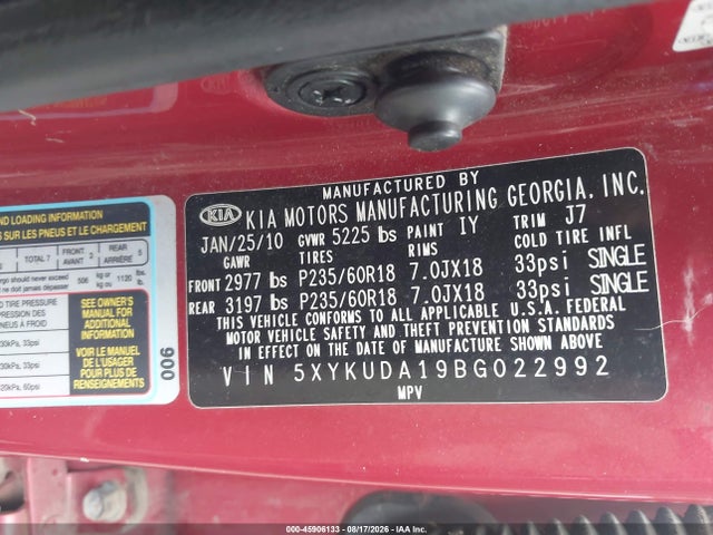 Продаж на аукціоні авто 2011 Kia Sorento Ex, vin: 5XYKUDA19BG022992, номер лоту: 45906133