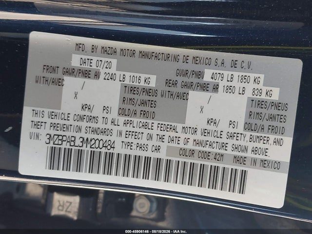 45906146 :رقم المزاد ، 3MZBPABL3MM200484 vin ، 2021 Mazda Mazda3 Select مزاد بيع