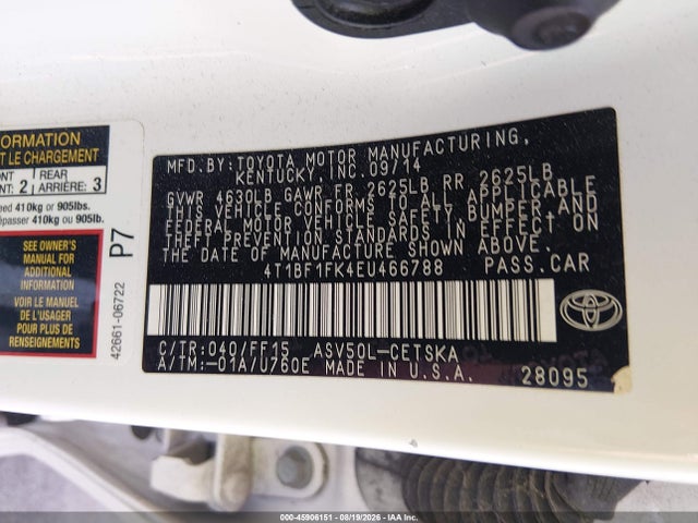 Aukcja sprzedaży 2014 Toyota Camry Se, vin: 4T1BF1FK4EU466788, numer aukcji: 45906151