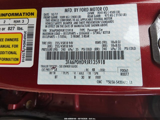 Продаж на аукціоні авто 2018 Ford Fusion Se, vin: 3FA6P0HD9JR135918, номер лоту: 45906168