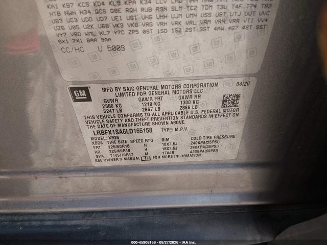 45906169 :رقم المزاد ، LRBFX1SA6LD165158 vin ، 2020 Buick Envision Awd Preferred مزاد بيع