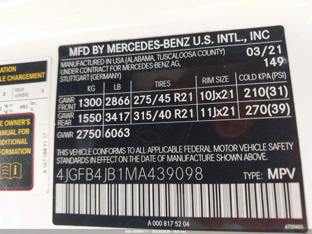 45906171 :رقم المزاد ، 4JGFB4JB1MA439098 vin ، 2021 Mercedes-benz Gle 350 مزاد بيع