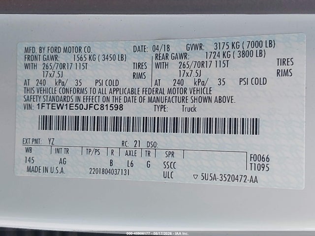 Aukcja sprzedaży 2018 Ford F-150 Xl, vin: 1FTEW1E50JFC81598, numer aukcji: 45906177