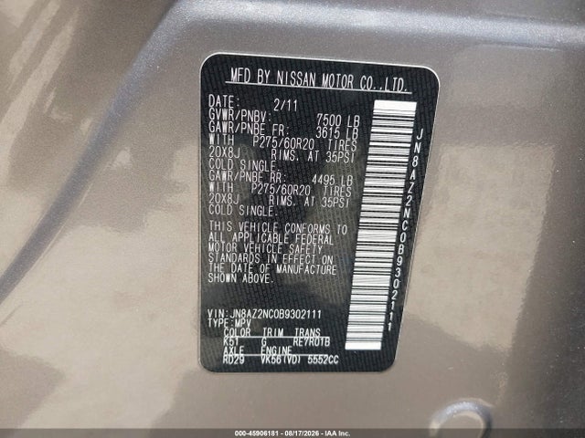Aukcja sprzedaży 2011 Infiniti Qx56, vin: JN8AZ2NC0B9302111, numer aukcji: 45906181