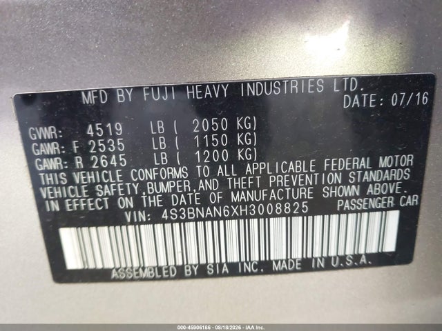 45906186 :رقم المزاد ، 4S3BNAN6XH3008825 vin ، 2017 Subaru Legacy 2.5i Limited مزاد بيع