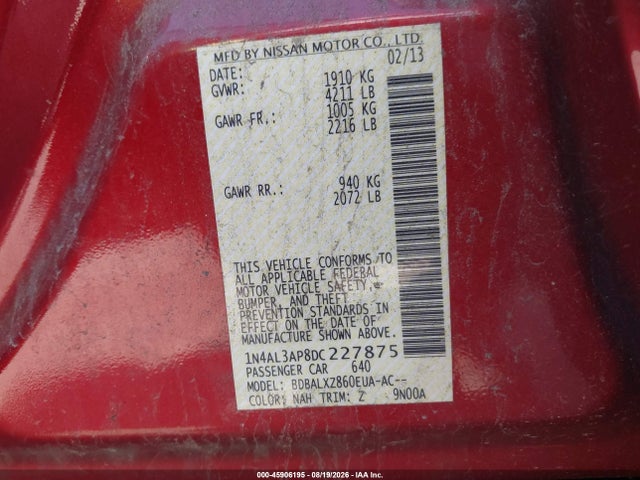 2013 Nissan Altima 2.5 Sl მანქანა იყიდება აუქციონზე, vin: 1N4AL3AP8DC227875, აუქციონის ნომერი: 45906195