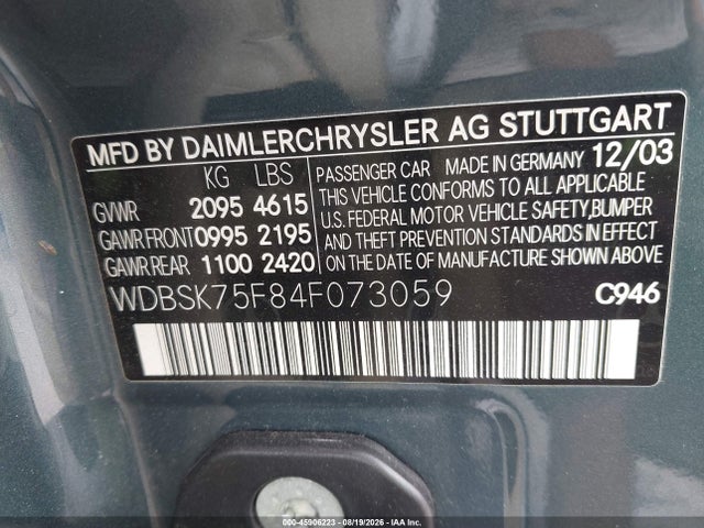 Aukcja sprzedaży 2004 Mercedes-benz Sl 500, vin: WDBSK75F84F073059, numer aukcji: 45906223