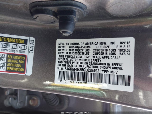 Продаж на аукціоні авто 2012 Honda Cr-v Lx, vin: 5J6RM4H35CL029492, номер лоту: 45906233