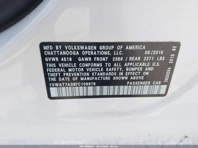 2015 Volkswagen Passat 1.8t Limited Edition მანქანა იყიდება აუქციონზე, vin: 1VWAT7A36FC109676, აუქციონის ნომერი: 45906247