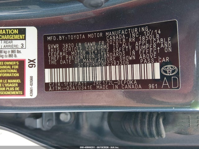 45906251 :رقم المزاد ، 2T1BURHE0FC283306 vin ، 2015 Toyota Corolla L مزاد بيع
