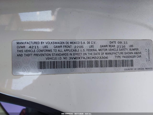 Aukcja sprzedaży 2012 Volkswagen Jetta 2.5l Se, vin: 3VWDX7AJXCM323306, numer aukcji: 45906252