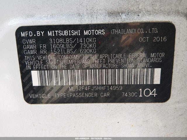 2017 Mitsubishi Mirage G4 Se მანქანა იყიდება აუქციონზე, vin: ML32F4FJ5HHF14959, აუქციონის ნომერი: 45906256