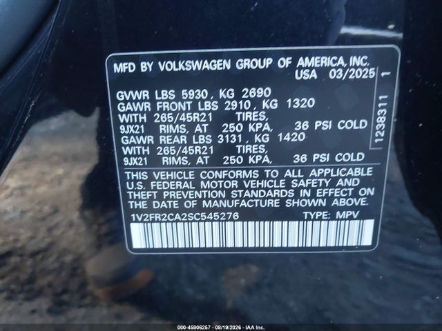 Продажа на аукционе авто 2025 Volkswagen Atlas 2.0t Sel Premium R-line, vin: 1V2FR2CA2SC545276, номер лота: 45906257