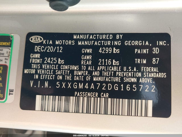 45906258 :رقم المزاد ، 5XXGM4A72DG165722 vin ، 2013 Kia Optima Lx مزاد بيع