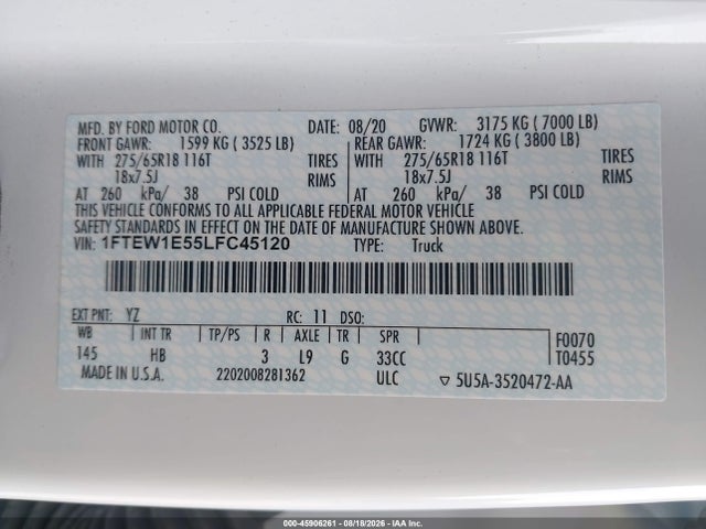 Ford F-150 Lariat 2020 1FTEW1E55LFC45120 Image 9
