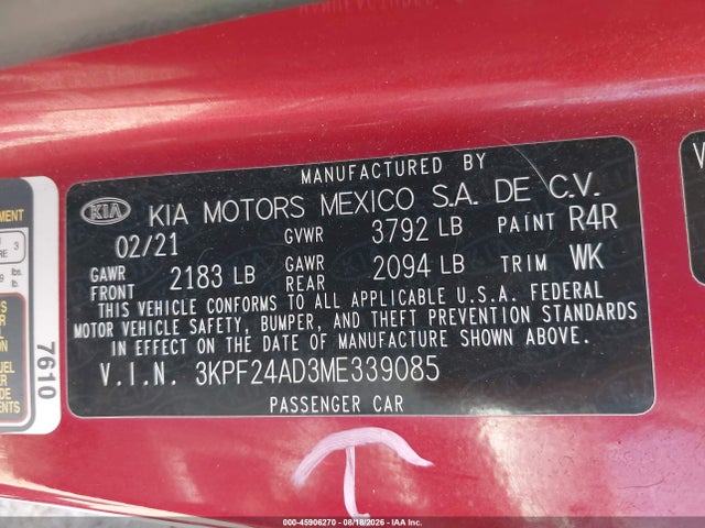 Продаж на аукціоні авто 2021 Kia Forte Lxs, vin: 3KPF24AD3ME339085, номер лоту: 45906270