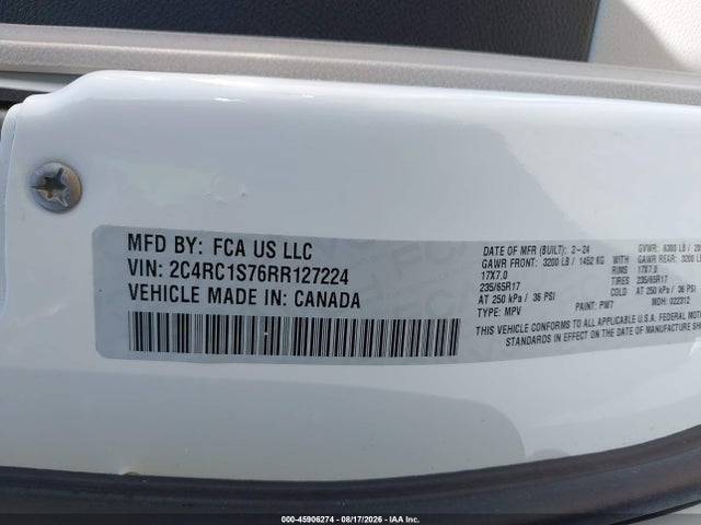 Продажа на аукционе авто 2024 Chrysler Pacifica Hybrid Select, vin: 2C4RC1S76RR127224, номер лота: 45906274