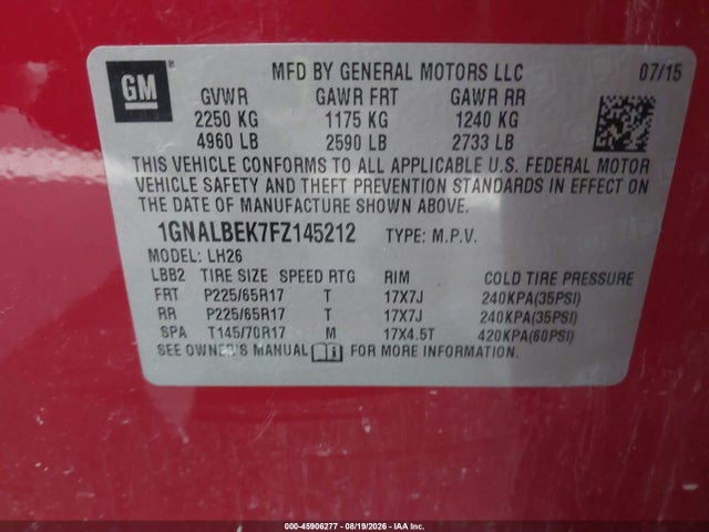 Продаж на аукціоні авто 2015 Chevrolet Equinox Lt, vin: 1GNALBEK7FZ145212, номер лоту: 45906277