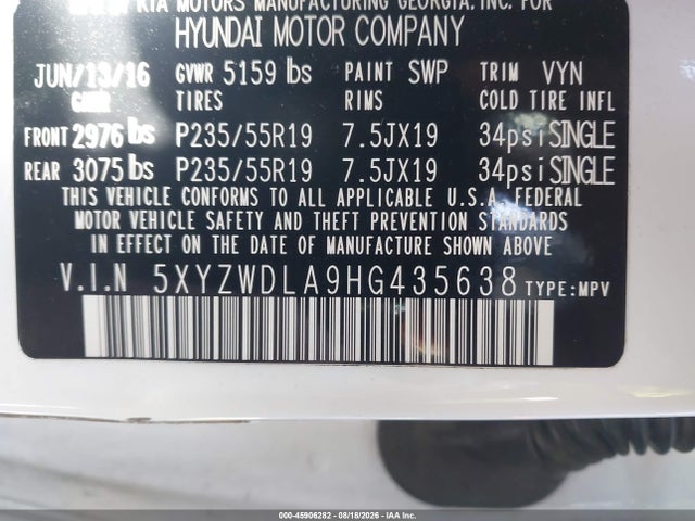2017 Hyundai Santa Fe Sport 2.0t Ultimate მანქანა იყიდება აუქციონზე, vin: 5XYZWDLA9HG435638, აუქციონის ნომერი: 45906282