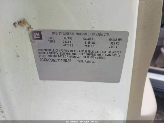 Продажа на аукционе авто 2007 Buick Lacrosse Cx, vin: 2G4WC582571169350, номер лота: 45906284