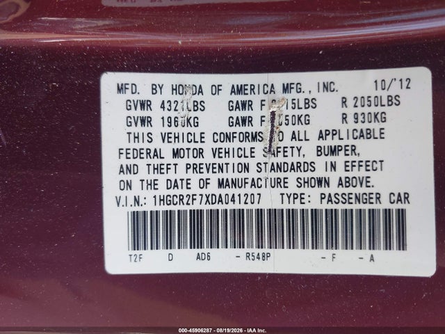 Продажа на аукционе авто 2013 Honda Accord Ex, vin: 1HGCR2F7XDA041207, номер лота: 45906287