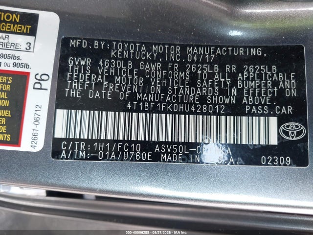 Продаж на аукціоні авто 2017 Toyota Camry Le, vin: 4T1BF1FK0HU428012, номер лоту: 45906288
