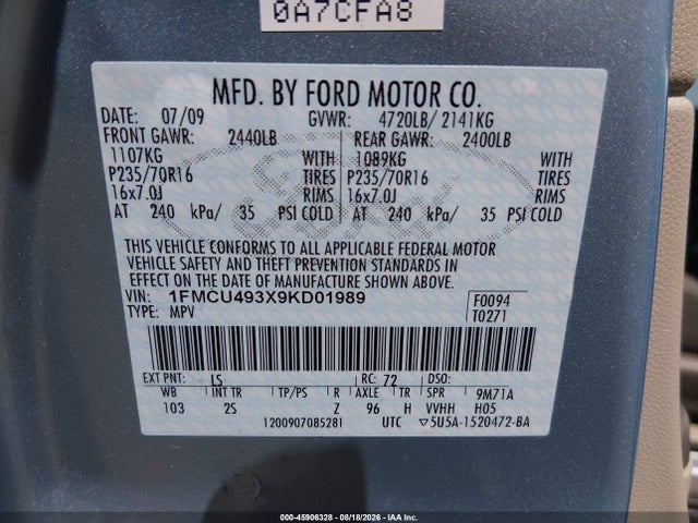 45906328 :رقم المزاد ، 1FMCU493X9KD01989 vin ، 2009 Ford Escape Hybrid Limited مزاد بيع
