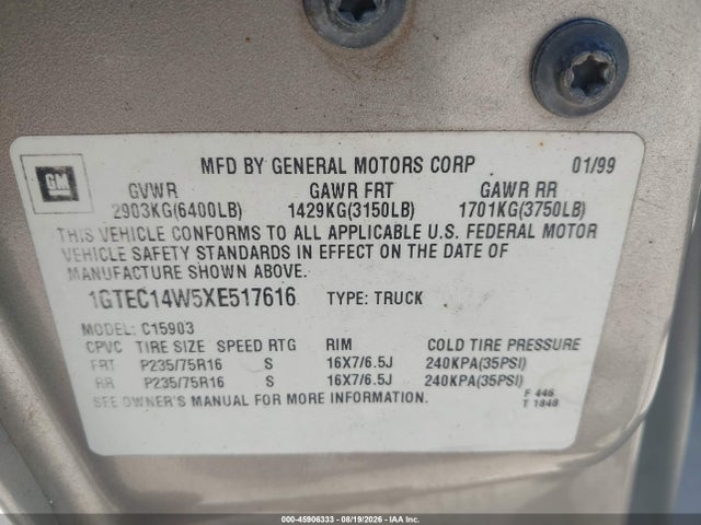 Продажа на аукционе авто 1999 Gmc New Sierra 1500 Sl, vin: 1GTEC14W5XE517616, номер лота: 45906333