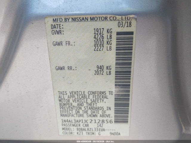 45906349 :رقم المزاد ، 1N4AL3AP1JC212856 vin ، 2018 Nissan Altima 2.5 Sl مزاد بيع