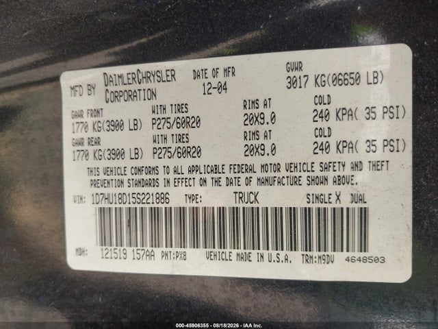 Aukcja sprzedaży 2005 Dodge Ram 1500 Slt/laramie, vin: 1D7HU18D15S221886, numer aukcji: 45906355